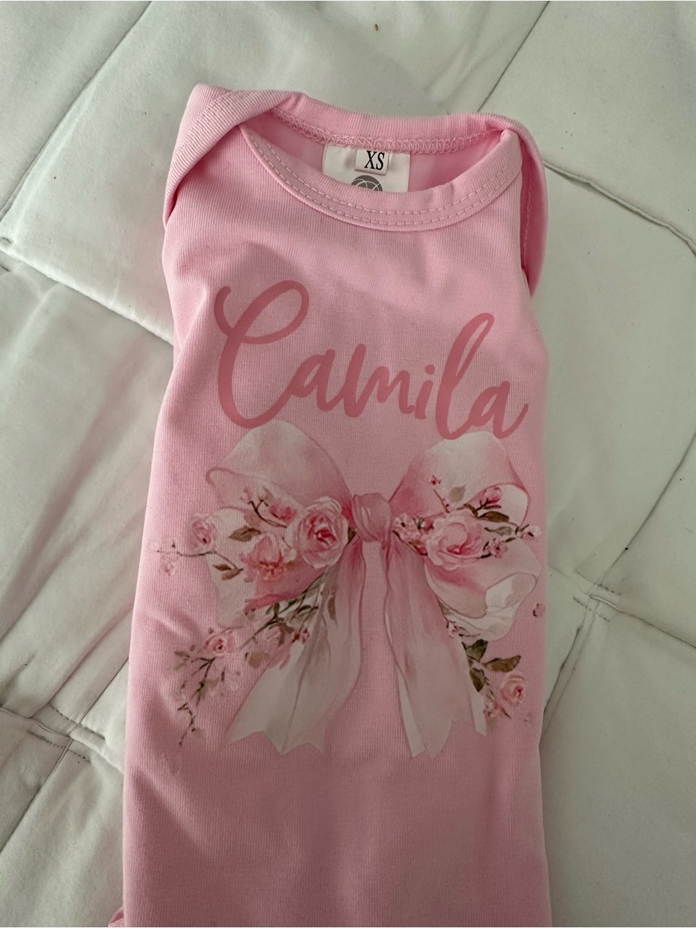 Girls' Pink 'Camila' Floral Bow Graphic onesie with matching hat